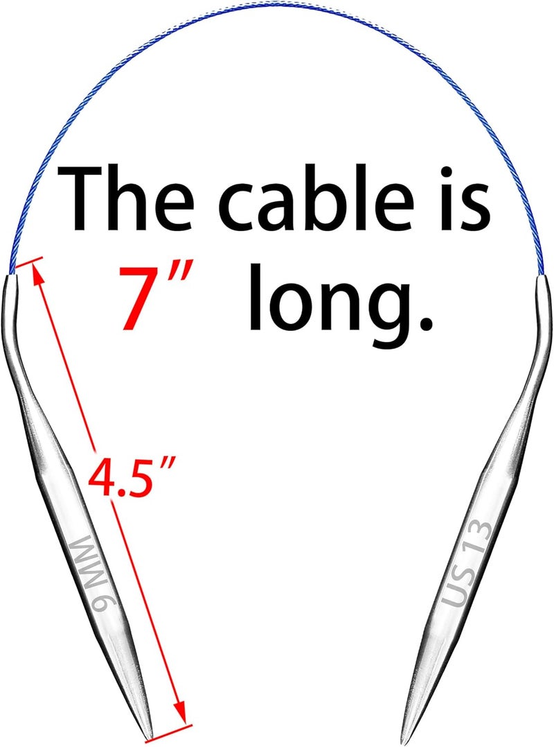 cuteDIY Size 13 Circular Knitting Needles 16 Inch Set Round Metal Kit (Etched US&mm, Color-Coded Cable, Smooth Join) - Image 3